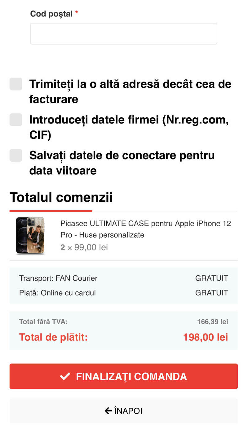 Alege transportul, metoda de plată, completează datele de livrare