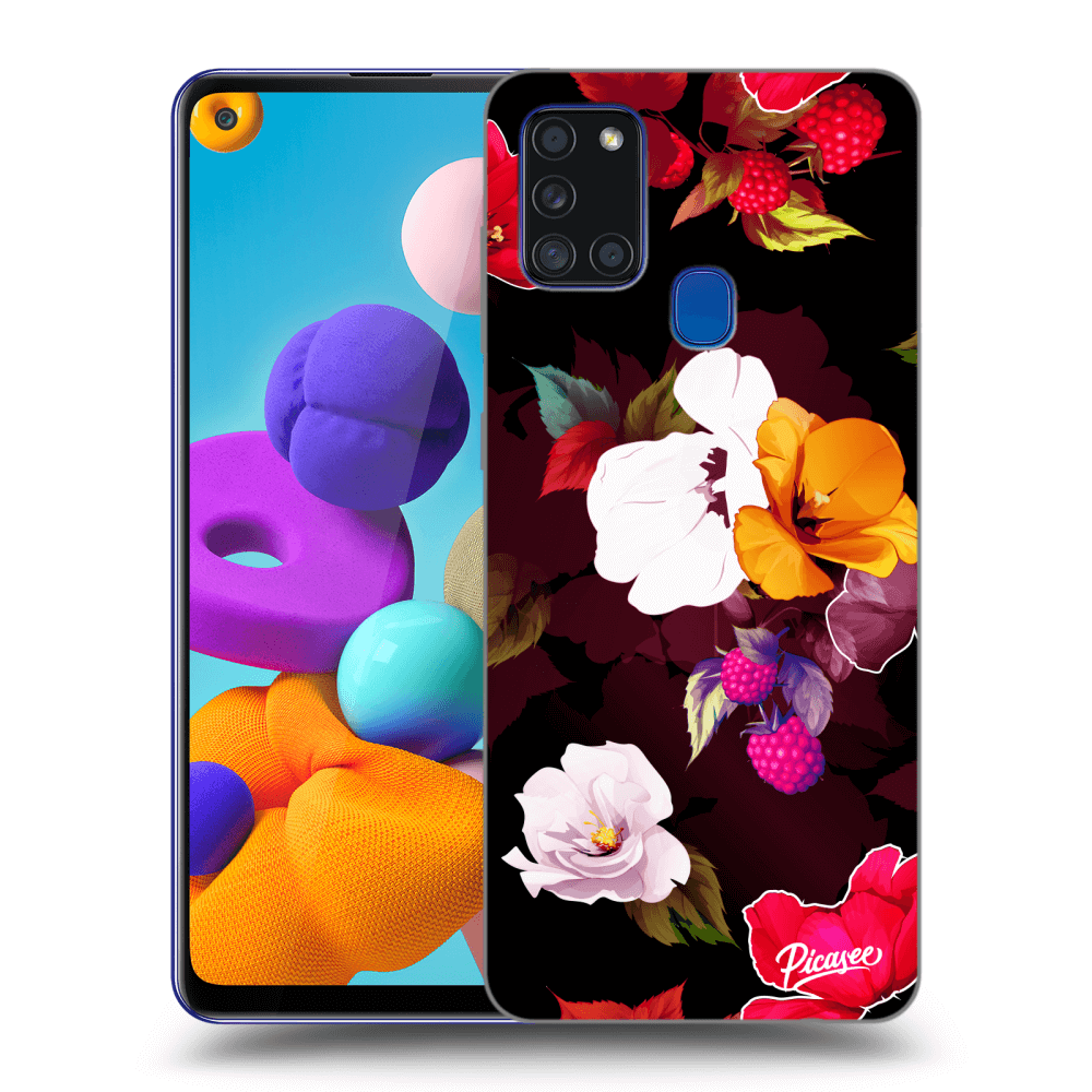 Picasee husă neagră din silicon pentru Samsung Galaxy A21s - Flowers and Berries