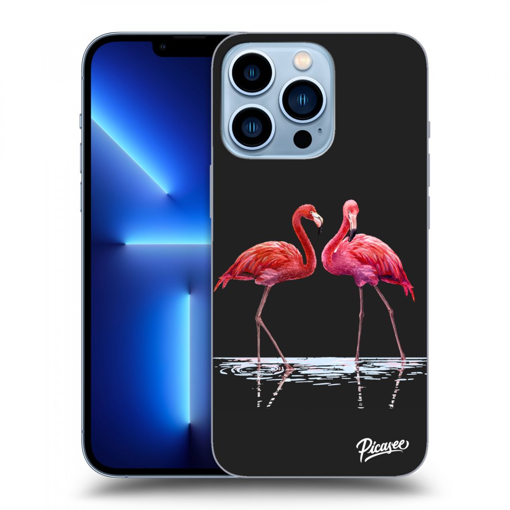 Picasee husă neagră din silicon pentru Apple iPhone 13 Pro - Flamingos couple