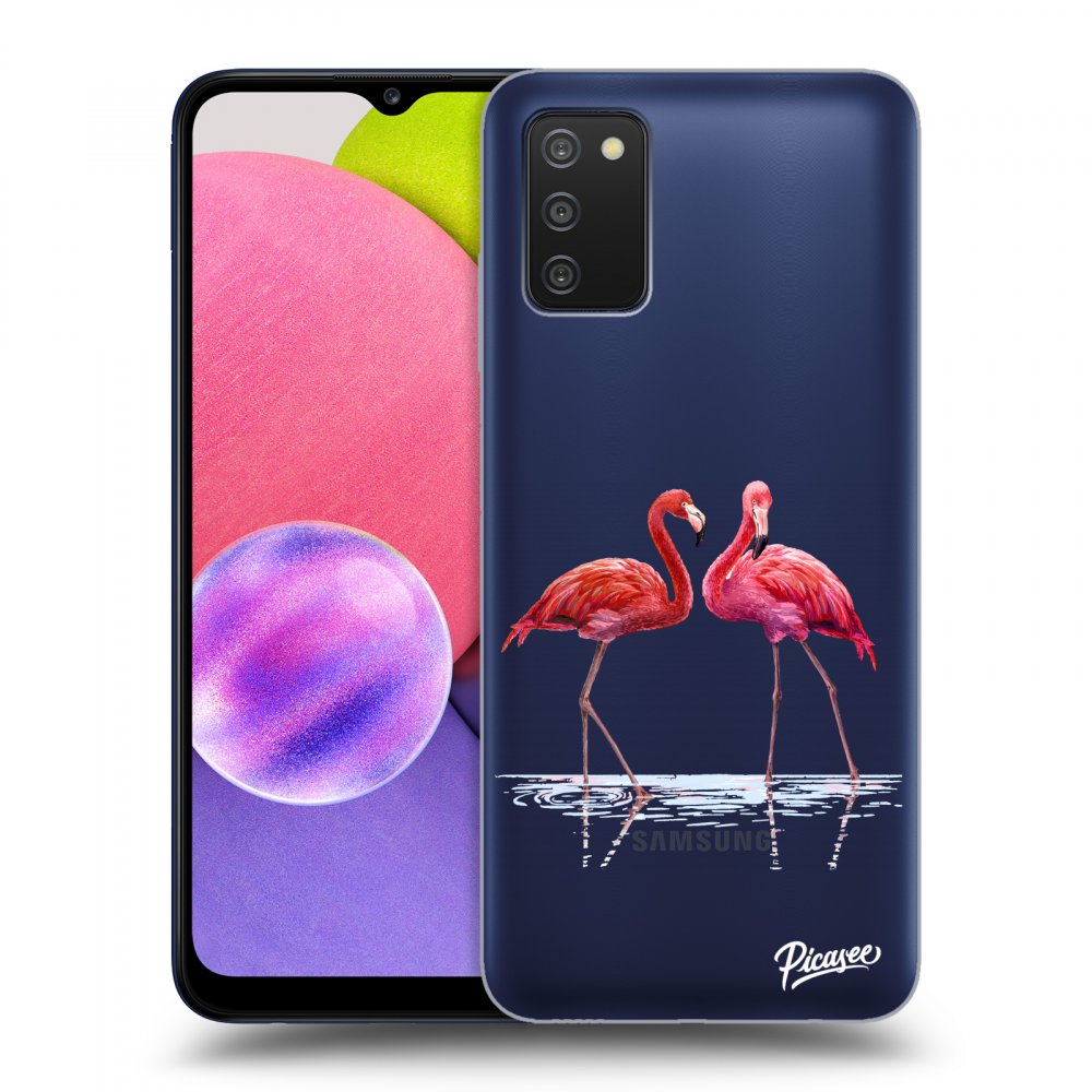 Picasee husă transparentă din silicon pentru Samsung Galaxy A03s A037G - Flamingos couple
