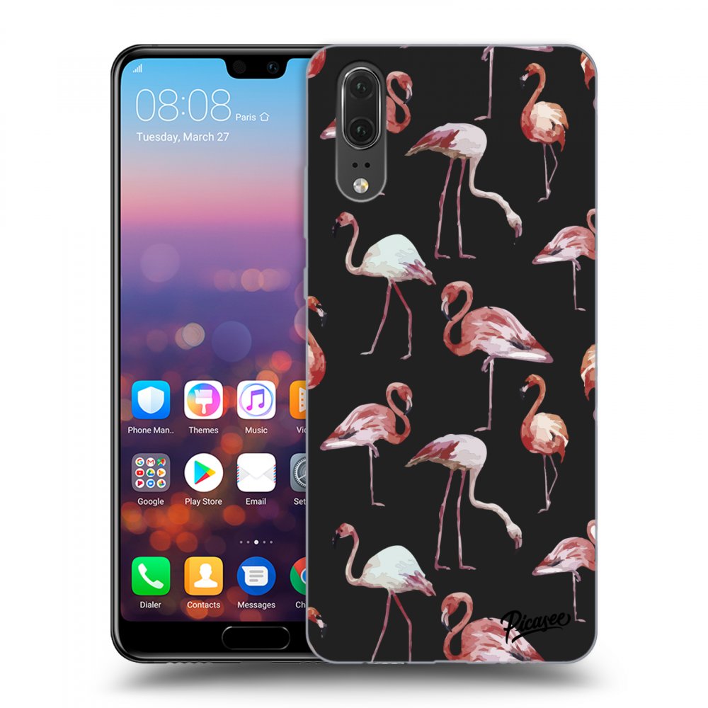 Picasee husă neagră din silicon pentru Huawei P20 - Flamingos