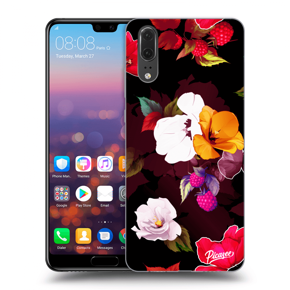 Picasee husă neagră din silicon pentru Huawei P20 - Flowers and Berries