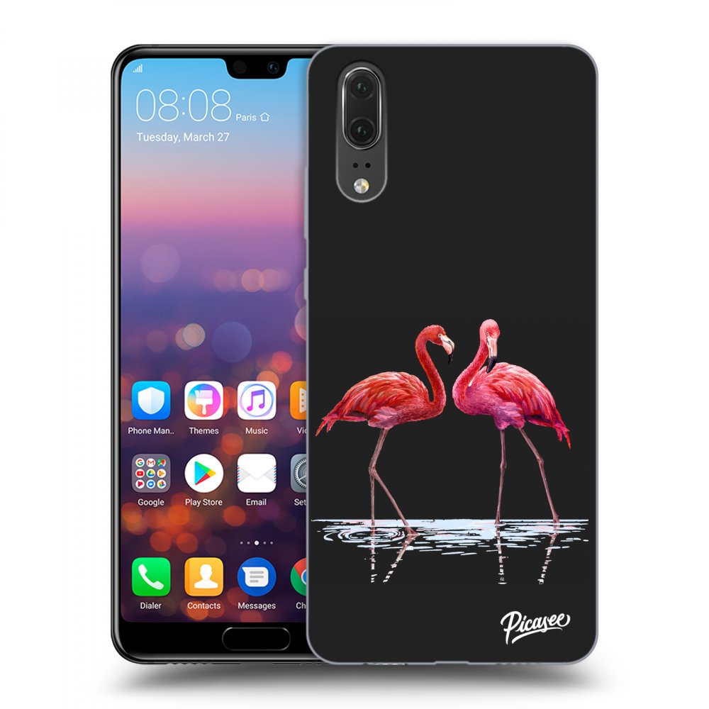 Picasee husă neagră din silicon pentru Huawei P20 - Flamingos couple