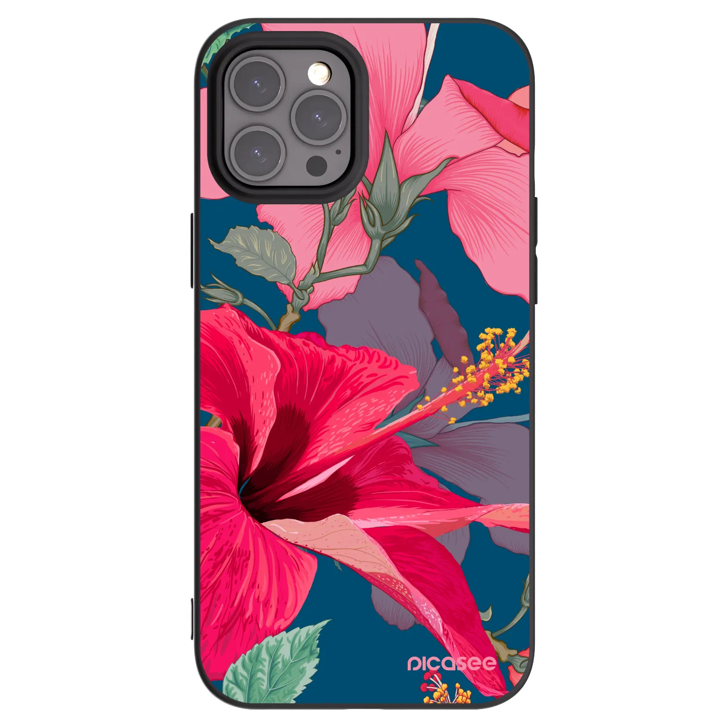 Picasee husă neagră din silicon pentru Apple iPhone 12 Pro Max - Hibiscus