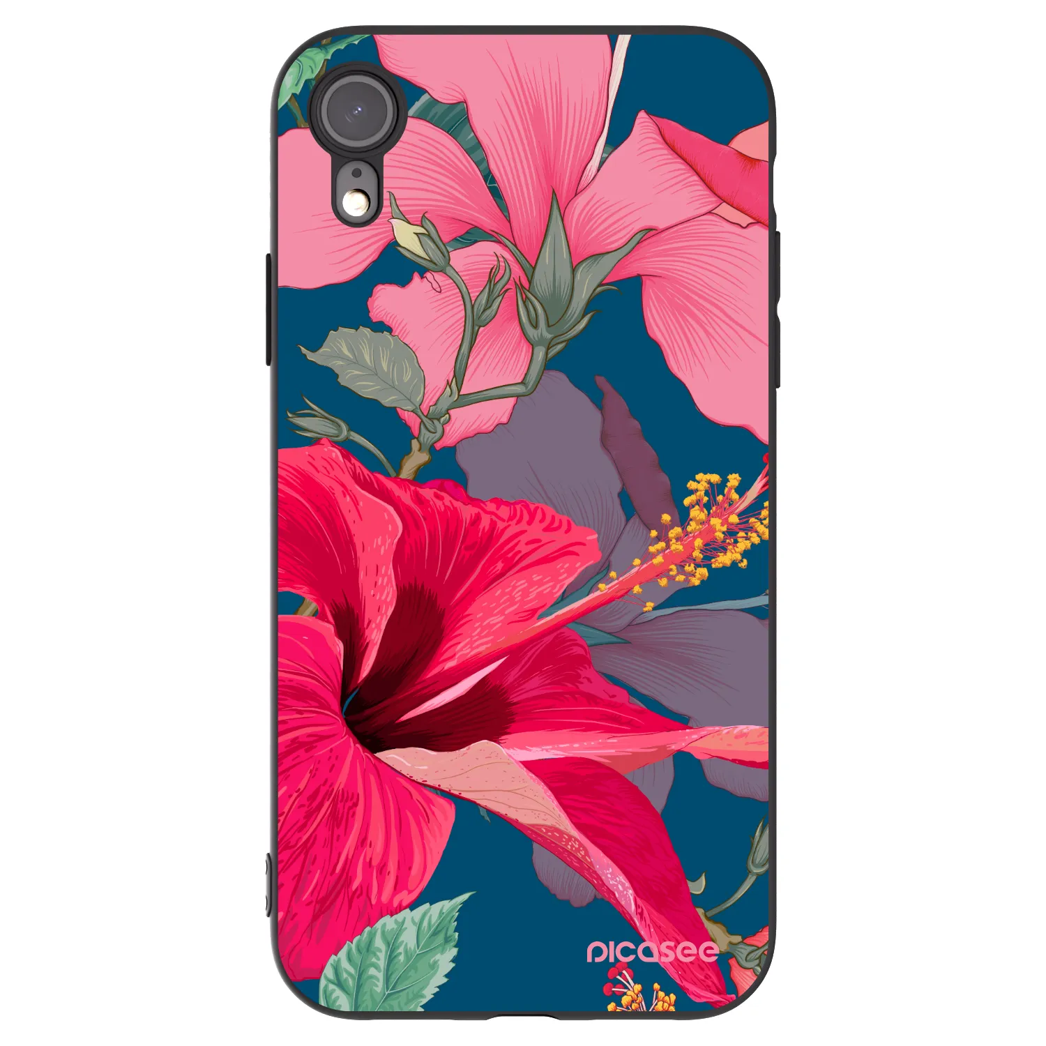 Picasee husă neagră din silicon pentru Apple iPhone XR - Hibiscus